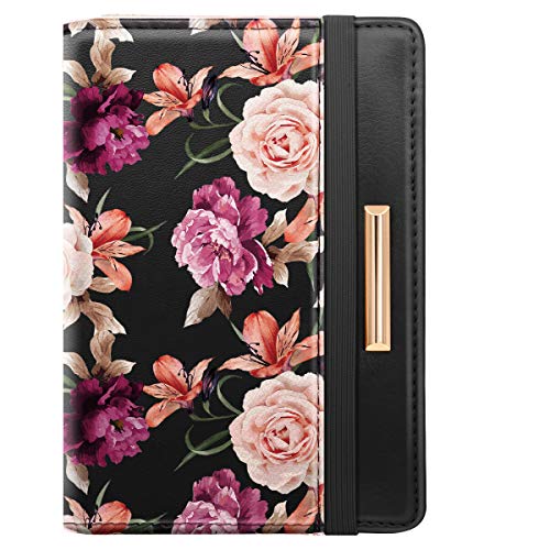 Book Cover Passport Holder Cover Travel RFID Blocking Passport Cover Rose Gold Cute Flowers Passport Wallet with Elastic Band for Women