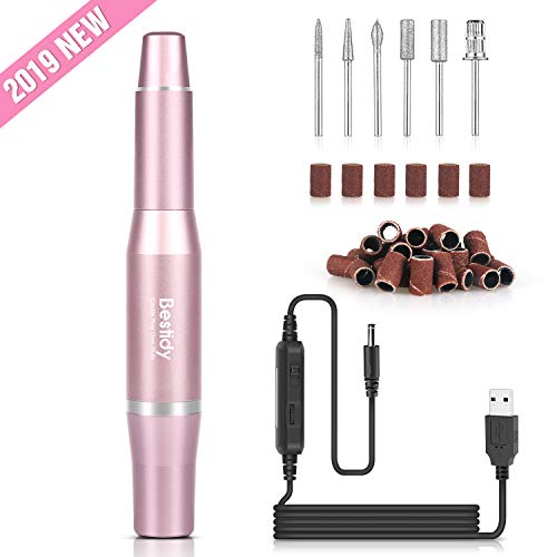 Book Cover Bestidy Electric Nail Drill Kit, USB Manicure Pen Sander Polisher With 6 Pieces Changeable Drills And Sand Bands for Exfoliating, Grinding, Polishing, Nail Removing, Acrylic Nail Tools (Pink)
