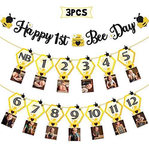 Book Cover 3PCS Happy Bee Day Party Decorations, Bumble Honey Bee 1st Birthday Baby Photo Banner for Newborn to 12 Months, Monthly Milestone Photograph Bunting Garland, First Birthday Celebration Decorations