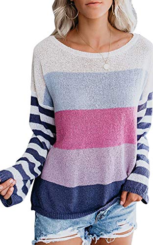 Book Cover ZESICA Women's Long Sleeve Rainbow Striped Color Block Knitted Casual Loose Oversized Pullover Sweater Shirt Tops