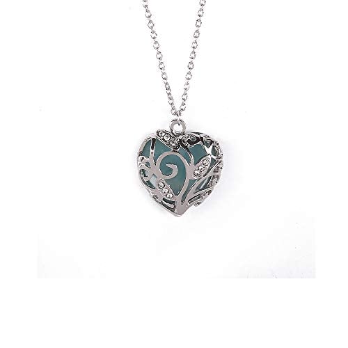 Book Cover SPHTOEO Glow in Dark Women Necklace Hollow Out Heart Crystal Pendant Luminous Necklace (Blue)
