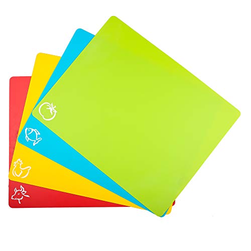 Book Cover Carrollar Cutting Board Mats Flexible Plastic Colored Mats With Food Icons, BPA-Free, Non-Porous, Anti-skid back and Dishwasher Safe, Set of 4