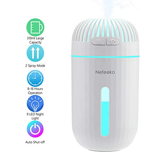 Book Cover Nefeeko USB Car Humidifier, 310ml Portable Mini Ultrasonic Car Diffuser Cool Mist Humidifier, 9 Colors LED Night Light Air Refresher, Waterless Auto Shut-Off for Home Car Office Travel, White