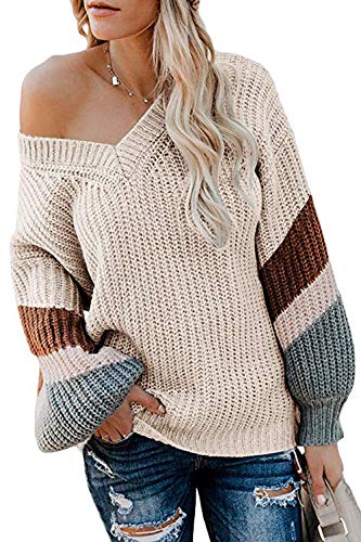 Book Cover FAFOFA Women's V Neck Long Sleeve Striped Knitted Chunky Pullover Sweater