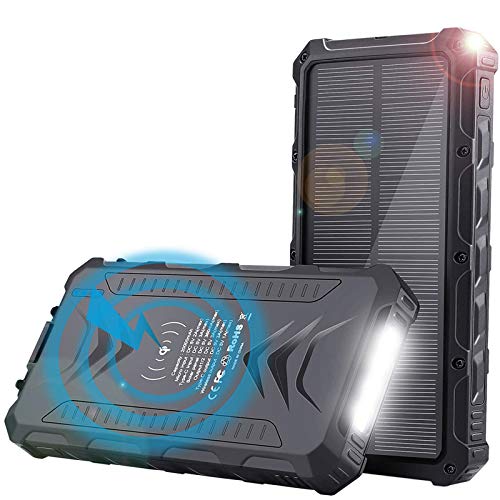Book Cover Wireless Solar Phone Chargers - Uplayteck 20000mAh Portable Charger Power Bank with 4 Outputs - USB C - LED Flashlight - Rainproof Battery Bank for Hiking Camping Outing