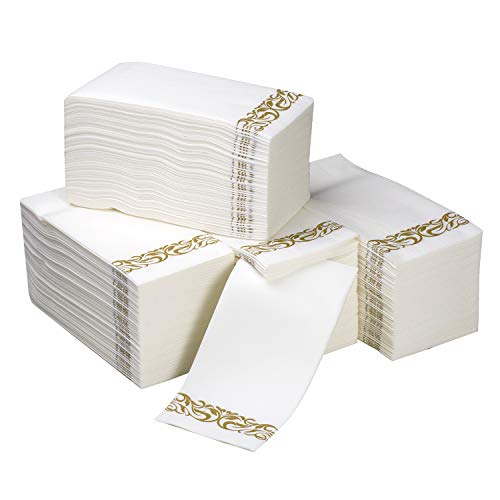 Book Cover Select Settings 200 pc. Linen-Feel Guest Towels and Napkins (White with Gold Design, Guest Towels)