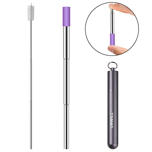 Book Cover Reusable Stainless Steel Straws, URWILL Telescopic Metal Drinking Straws with Cleaning Brush, Eco-friendly Collapsible and Extendable Travel Straws with Metal Case