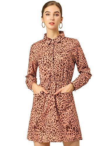 Book Cover Allegra K Women's Leopard Print Button Flap Pockets Long Sleeve Mini Dress