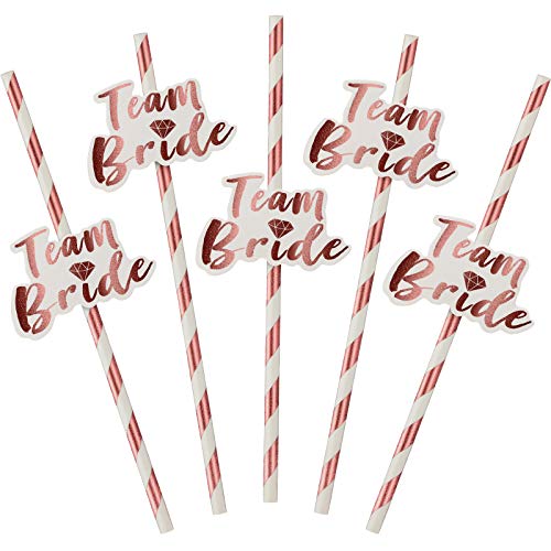 Book Cover 48 Rose Gold Paper Straws in Sun Party Shape with Team Bride Flags Wedding Shower Straw Paper Bridal Straw Accessories