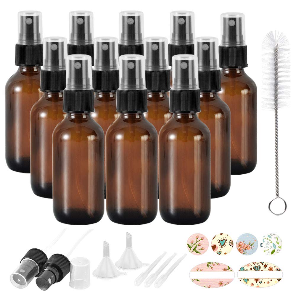 Book Cover 12 Pack 2oz 60 ml Amber Glass Spray Bottles with Fine Mist Sprayer & Dust Cap for Essential Oils, Perfumes,Cleaning Products.Included 1 Brush,2 Extra Sprayers,2 Funnels,3 Droppers & 24 Labels.