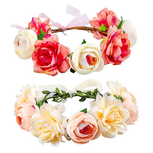 Book Cover Flower Crown for Girls Women Baby, 2 Pack Adjustable Handmade Bridal Flower Wreath Headband, Halo Rose Crown, Floral Garland Headpiece for Wedding Family Traveling Photography