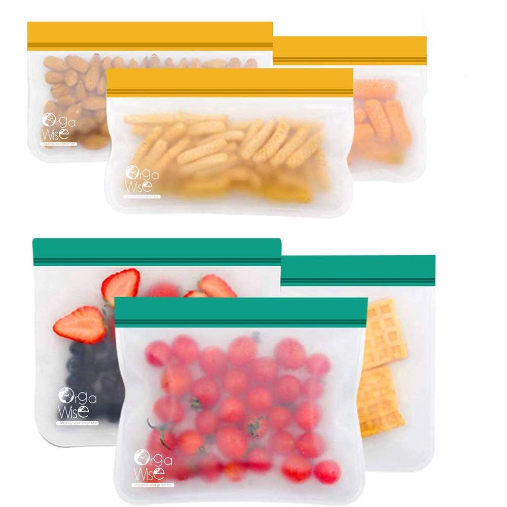 Book Cover OrgaWise Reusable Storage Bag(6 Pack) Extra Thick PEVA BPA Free Reusable ziplock luch Bag for Lunch, Meal Prep, Snack, Liquid, Fruit, Home Organization (6Pack Reusable Storage Bag)