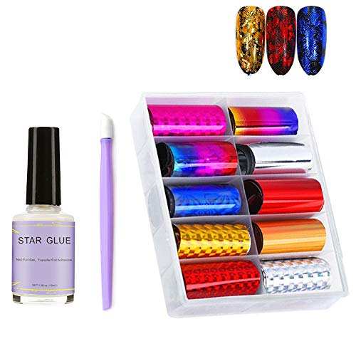 Book Cover Nail Foil Sticker with Nail Glue&Manicure Stick, 10 Colors Starry Sky Stars Nail Art Stickers Tips Wraps Decals with Gold, Red, Blue, Silver Colorful Holographic Transfer(1.57 inch × 47.24 inch)