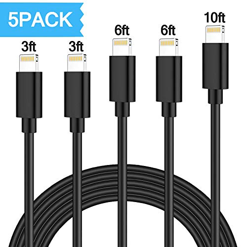 Book Cover iPhone Charger Long Lightning Charging Cable Fast iPhone Cable MFI Certified Lightning Charger 5 Pack 3/6/10FT Durable USB iPhone Cord Compatible iPhone XS/Max/XR/X/8/8P/7P/6S/iPad/iPod/IOS (Black)