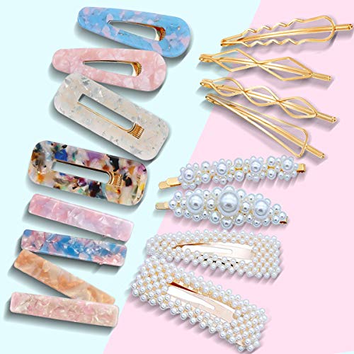 Book Cover 16 PCS Barrettes For Women, Pearl Hair Clip, Acrylic Resin Barrette Geometric Hairpin for Women, Ladies & Girls - Korean Style Assorted Cute & Trendy Hair Barrette Pack For Thick/Fine Hair