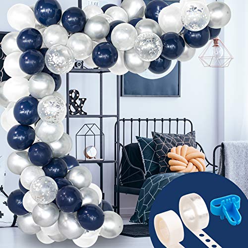 Book Cover Whaline 120 Pcs Balloon Arch & Garland Kit, Navy Blue Pearl White Latex Silver Confetti Balloons Set with 16ft Balloon Strip Tape,1pcs Tying Tool and 100 Glue Point for Wedding Birthday Party Decor