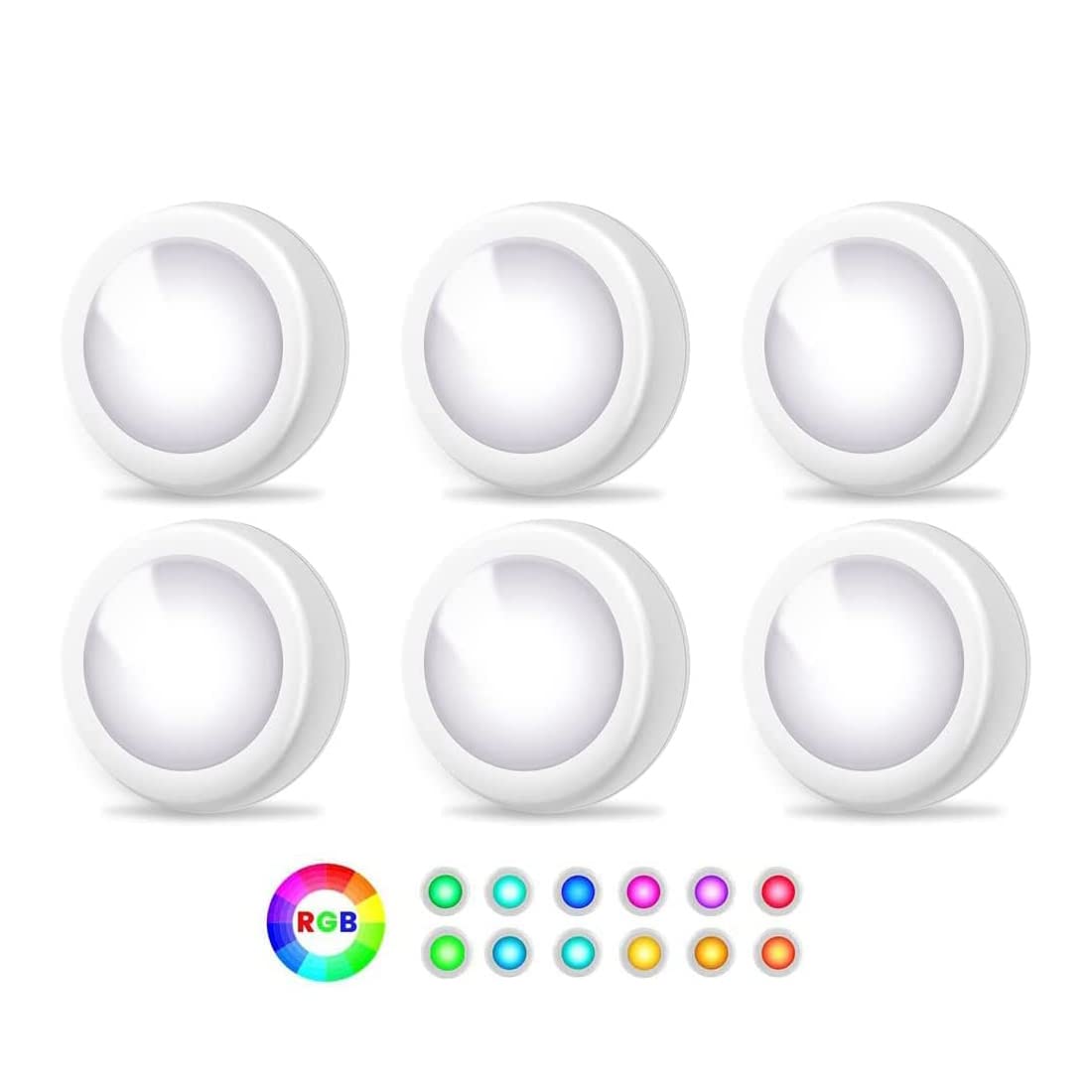 Book Cover KINDEEP Mini Puck Light with 2 Remote Control, RGB 13 Colors Changing & Dimmable LED Under Cabinet Lighting Battery Powered Closet Lights for Kitchen Stick On Lights-Small Size 3 AAA Battery 6 Pack 6 13*colors 3 AAA Remote