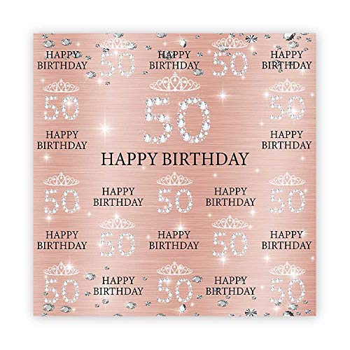 Book Cover Funnytree 6x6ft Rose Gold Pink 50th Birthday Photography Backdrop Crown Women Step and Repeat Diamonds Glitter Shiny Background Fifty Years Old Age Elegant Lady Party Decoration Banner Photo Booth