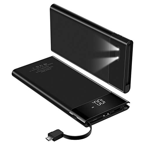 Book Cover 10000mAh Power Bank, Ultra Slim Portable Charger, External Battery Pack with Built- in Micro Cable, LED Display, Two Converts, USB Ports, LED Flashlight, Compatible with All Cell Phone(Black)