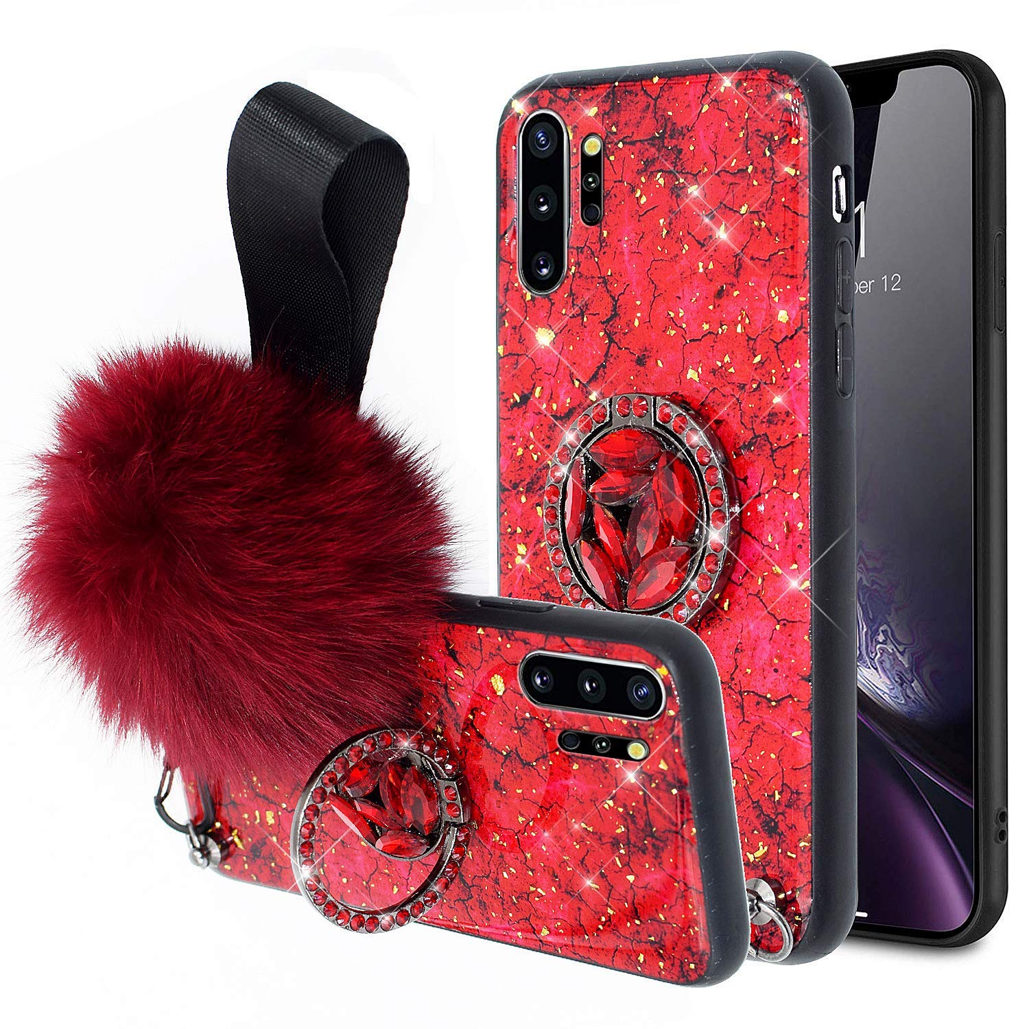 Book Cover Aulzaju for Samsung Note 10 Plus Case with Ring Stand for Girls Womens Super Bling Cute Furry Ball Wrist Strap Lanyard Phone Cover for Note 10 Plus Gold Sparkle Marble Design-Red samsung galaxy note 10 plus Red