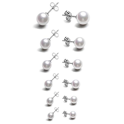 Book Cover 6 Pairs Tiny Pearl Earrings, Sterling Silver Stud Ball Earrings for Womens Girls(3-8mm)
