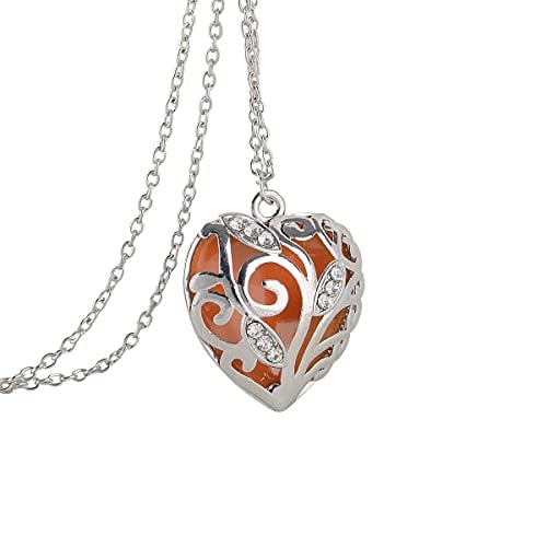 Book Cover SPHTOEO Glow in Dark Women Necklace Hollow Out Heart Crystal Pendant Luminous Necklace (Orange)
