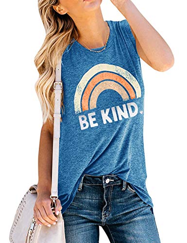 Book Cover IRISGOD Womens Be Kind Tank Tops Casual Short Sleeve Rainbow Inspirational Graphic Tees Tops