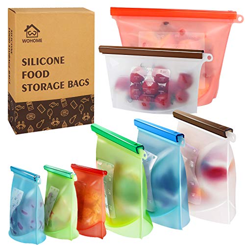 Book Cover Reusable Silicone Food Storage Bags,WOHOME Freezer Airtight Seal Food Preservation Bags,Food Grade,Versatile Preservation Bag Container for Vegetable,Meat,Fruit,4 Pack Medium 30oz,4 Pack Small 15oz
