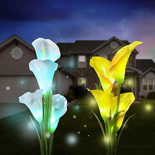 Book Cover Solar Garden Lights Outdoor, 2 Pack Solar Powered Lights with 8 Lily Flower, Multi-Color Changing LED Solar Stake Lights for Garden, Patio, Backyard (White/Yellow)