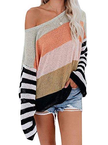 Book Cover ETCYY NEW Womens Oversized Pullover Sweater Colorblock Rainbow Striped Casual Long Sleeve Loose Knitted Shirts Tops