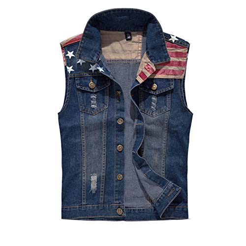 Book Cover Men's Sleeveless Jacket Button Down Casual Lapel Denim Vest Ripped Hole Plus Size (American Flag, M , Tag Size 3XL , BUST 41.5)