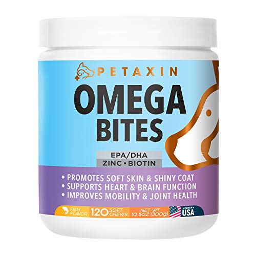 Book Cover Petaxin Omega 3 Fish Oil for Dogs Chew - with EPA, DHA, and Biotin - Supports Healthy Skin, Shiny Coat, Hips & Joints, Heart Health, and Brain Function - Skin and Coat Supplement - Non-GMO - 120 Ct.