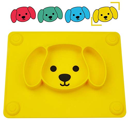 Book Cover Qshare Toddler Plate, Portable Baby Plates for Toddlers and Kids, BPA-Free FDA Approved Strong Suction Plates for Toddlers, Dishwasher & Microwave Safe Silicone Placemat 11x8x1 inch (3Puppy-Yellow)