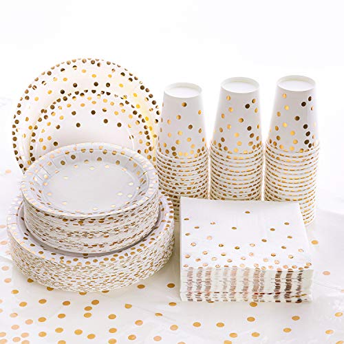 Book Cover hapray 201PCS Disposable Paper Plates Gold Party Supplies, Golden Polka Dots Birthday and Baptism Decorations, include Plates and Cups, Napkins, Plastic Tablecloth, for Baby Shower Wedding