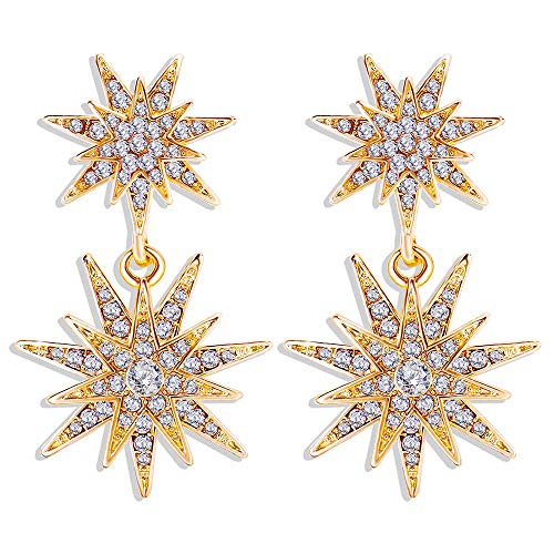 Book Cover CZ Starburst Dangle Drop Earrings Crystal Hexagram Star Stud Statement Dangle Earrings Wedding Earrings for Women Gold Plated Earrings for Girls L Gold
