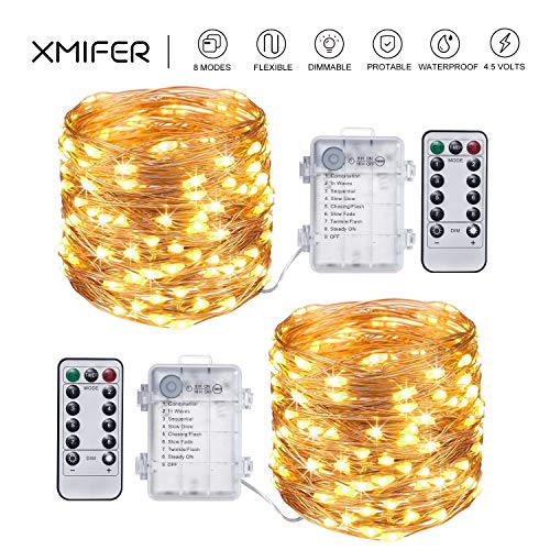 Book Cover Xmifer Fairy Lights Battery Operated String Lights - 32.8Ft 100LED Sliver Waterproof 8 Modes Twinkle String Lights with Remote Control for Christmas Wedding Party Home, Warm White