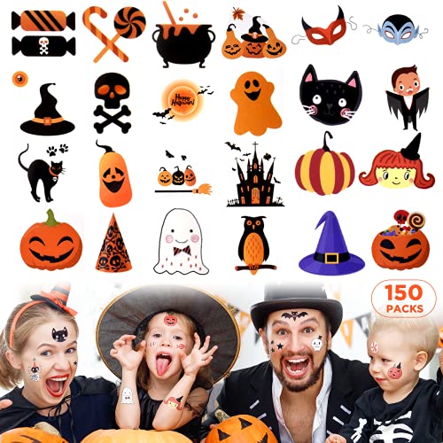 Book Cover Halloween Temporary Tattoos for Kids - 150 Assorted Treat or Trick Halloween Fake Tattoo Stickers with Waterproof Cute Designs Pumpkin Ghost Monster for Girls Boys Children Party Favors Decor Goodies