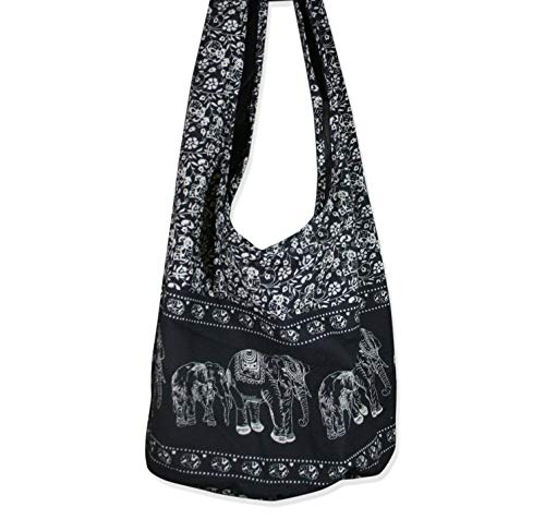 Book Cover Thai Hippie Bag Elephant Sling Crossbody Bag Purse Thai Top Zip Handmade Black