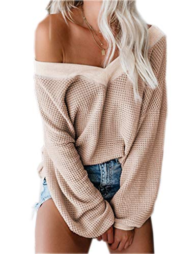 Book Cover Tobrief Women's V Neck Long Sleeve Waffle Knit Tops Off Shoulder Oversized Pullover Sweater
