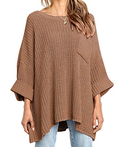 Book Cover KIRUNDO Womenâ€™s Winter Long Knitted Sweater Dress Off Shoulder 3/4 Sleeves Oversized Loose Solid Color Pullover