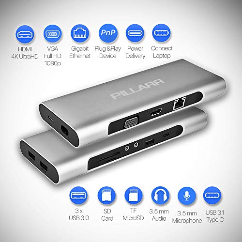 Book Cover Pillarr USB-C Mini Laptop Docking Station 12 in 1 with Charging Support/Power Delivery in The Aluminum Case