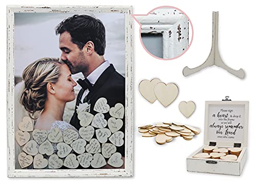 Book Cover PMPX Wedding Guest Book Alternative Vintage Drop Top Frame with Stand, 80 Wood Hearts, Matching Box with Message Inside The Lid. Weddings, Bridal or Baby Shower, Anniversary, or Special Event.