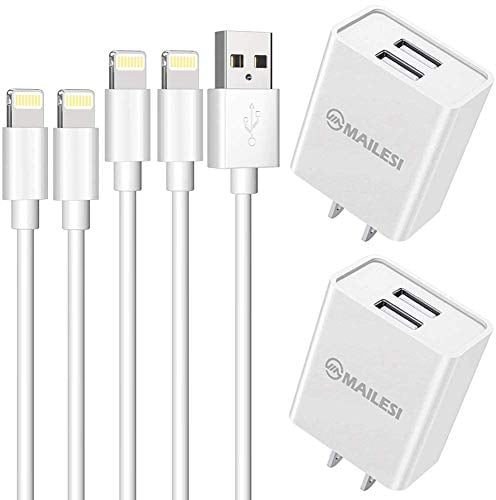 Book Cover iPhone Chargers iPad Chargers, MAILESI 10W 2 Port Plug Travel Wall Charger Adapter with 2-Pack 6.6-Feet Lightning Cables Charge Sync Compatible with iPhones and iPads