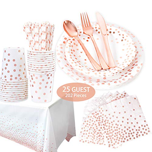 Book Cover 202 Piece Rose Gold Party Supplies Set | Disposable Dinnerware Set | Polka Dot | Services 25 with Rose Gold Cutlery Includes Plastic Knives, Spoons, Forks, Paper Plates, Napkins, Cups, straw,Tableclot