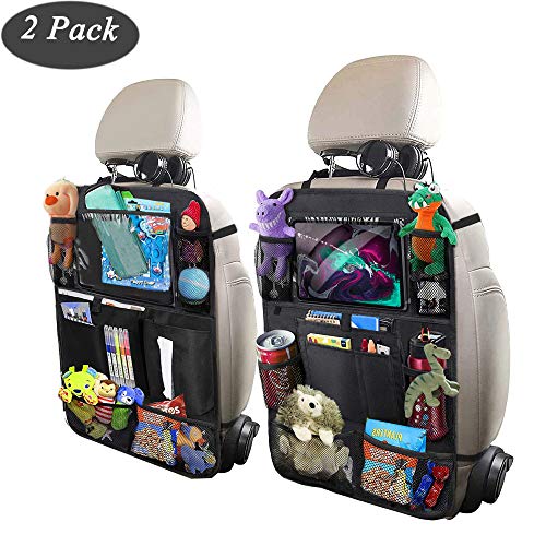 Book Cover Backseat Car Organizer for Kids, ODragrgon Car Organizer Kick Mats Back Seat Protectors with Tablet Holder + Storage Pockets for Toys Book Drinks Tissue Umbrella Toddler Travel Accessories(2 Pack)