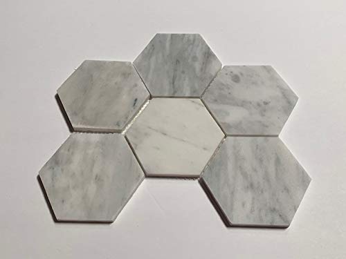Book Cover Carrara White Italian Carrera Marble 4 Inch Hexagon Mosaic Tile - Honed