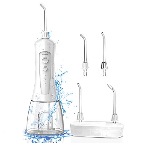 Book Cover Ailifefort Water Flosser Portable Cordless Oral Irrigator with Travel Bag, Sealing Plug, Storage Box, High Capacity Water Tank, 4 tips, IPX7 Waterproof, 3 Modes for Travel, Braces & Bridges Care White