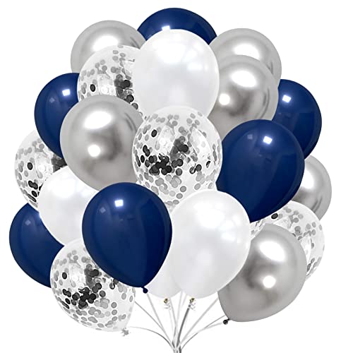 Book Cover Navy Blue White and Silver Confetti Balloons- 60 pcs 12 Inch Navy Blue Pearl White and Silvery Latex Party Balloons for Shower Wedding Engagement Birthday Graduation Decorations