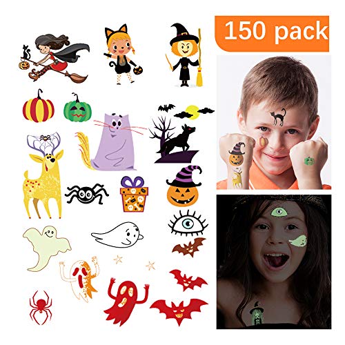 Book Cover HIGHEVER Temporary Tattoos for Kids, 150 Pack Temporary Halloween Tattoos,Including Glow in The Dark Children Tattoos Halloween,2(Glow in The Dark)+8(Normal) Safe Makeup for Kids (Halloween Tattoo)
