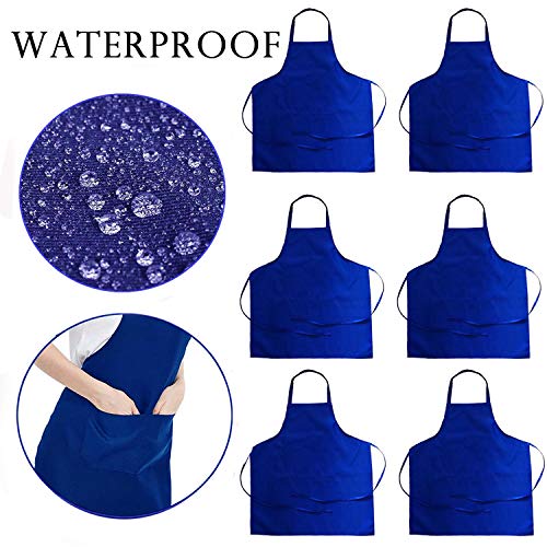 Book Cover GNYO 6 PCS Waterproof Aprons for Women Men Blue Kitchen Apron with 2 Pockets Bib Aprons Bulk for Cooking BBQ Baking Crafting Restaurant